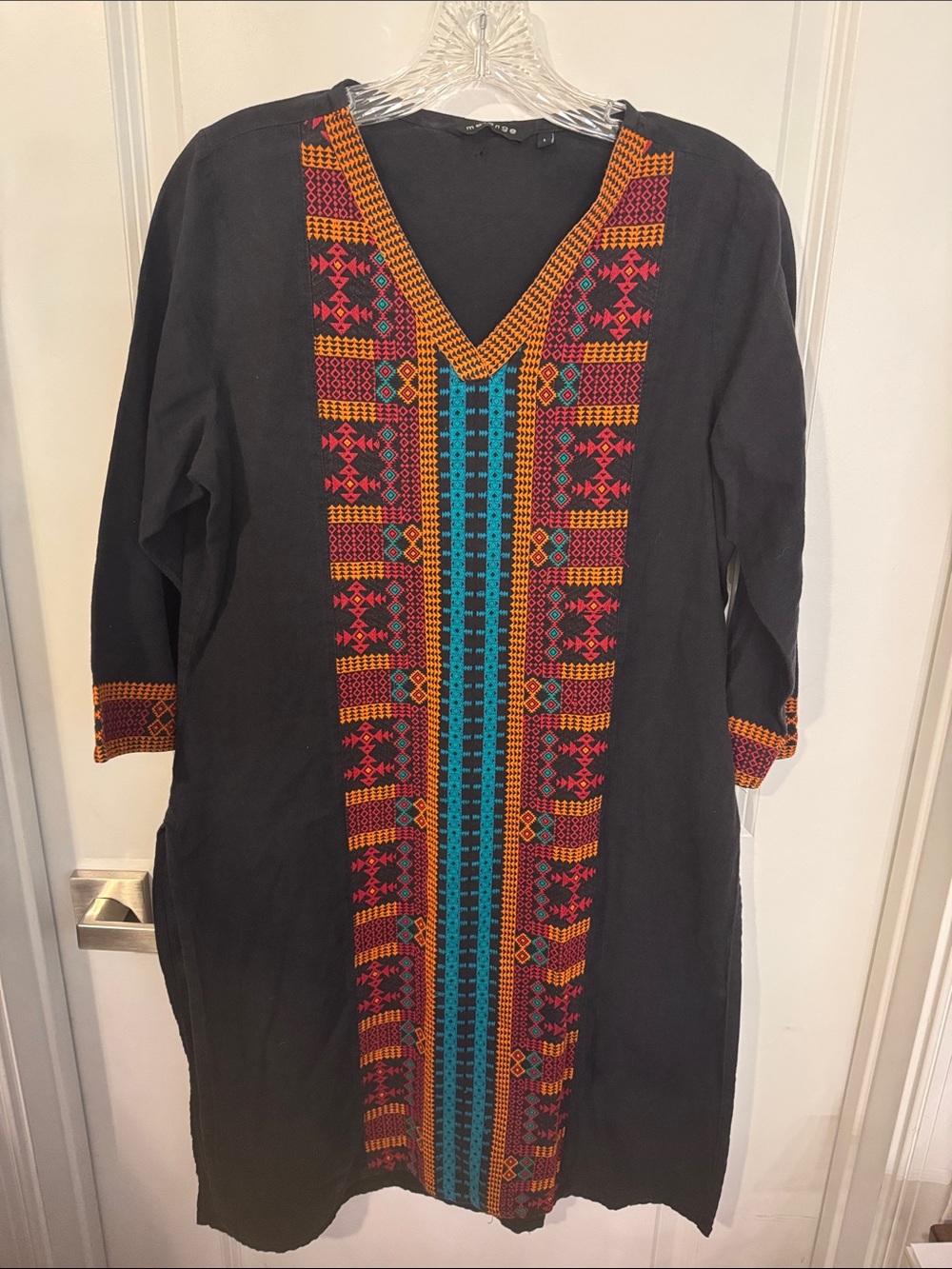 Melange Black Long-Sleeve Tunic Dress with Turquoise, Orange and Pink Embroidery